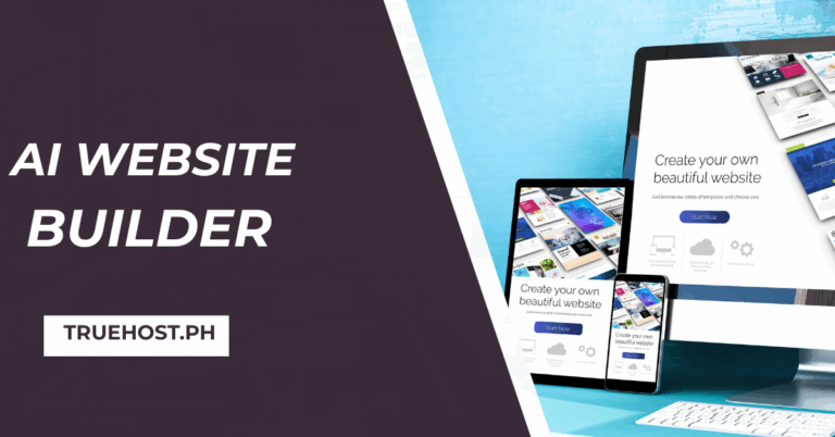 Shows a desktop and tablet and on their screen are websites being created and the title, ai website builder