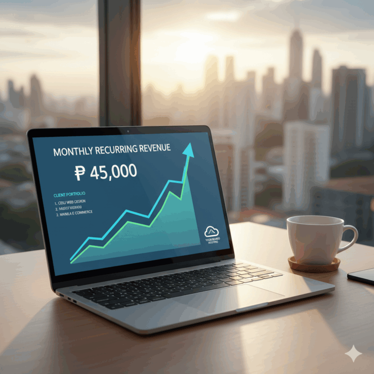 Digital dashboard with a green line graph showing recurring monthly revenue growth and a Philippine peso sign (₱).